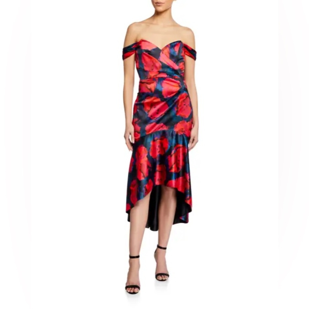 Park Black size 4 Cesarina Printed Satin Off-the-Shoulder High-Low Gown …